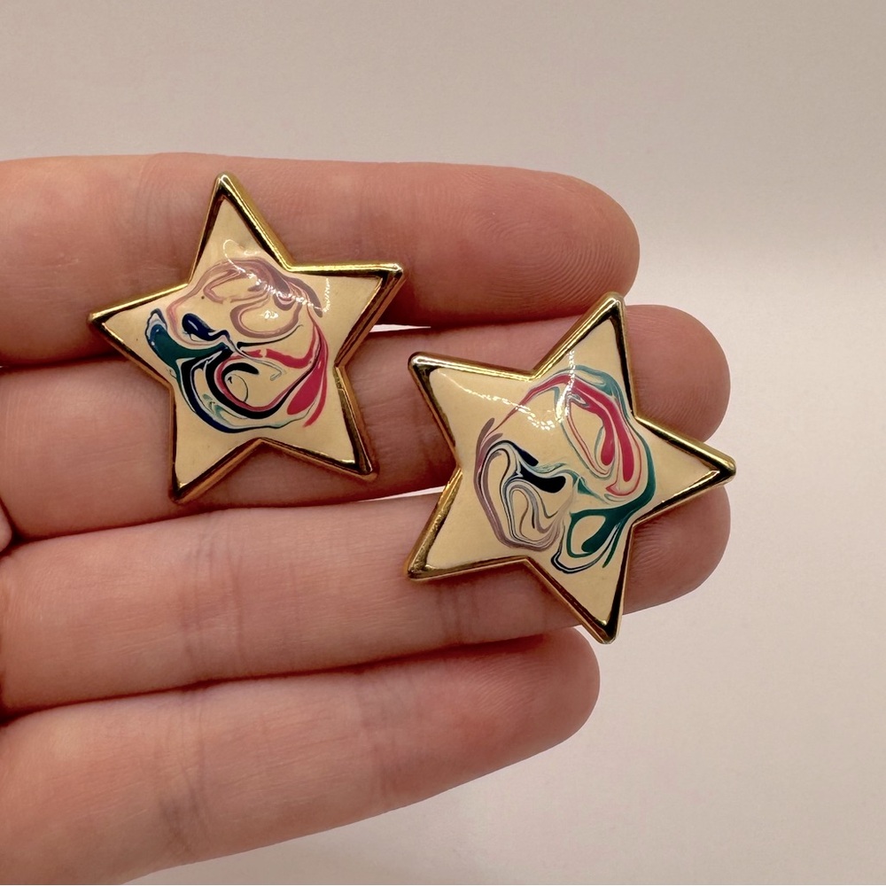 VINTAGE Gold-Tone Enamel Star Earrings